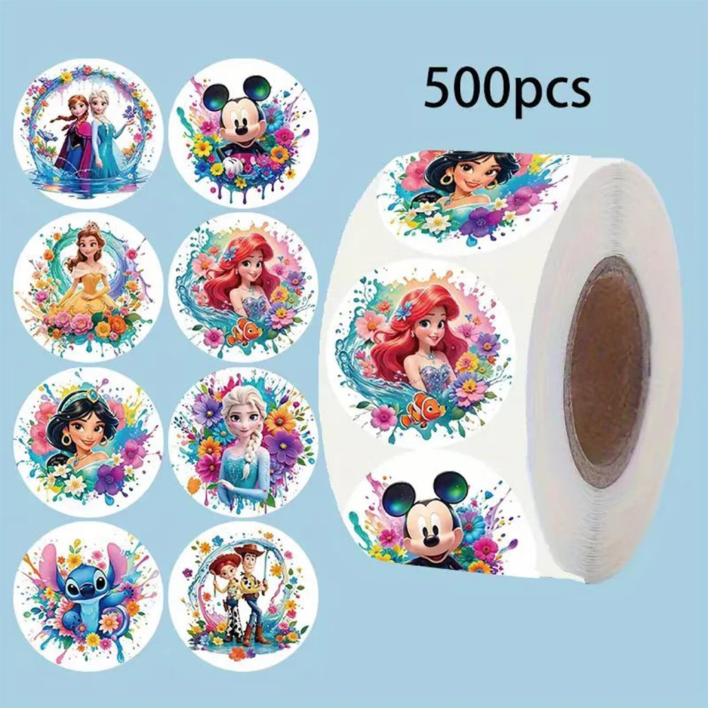 

500pcs Mix Disney Cute Anime Stickers Roll Kawaii Cartoon Stitch Princess Sealing Label Decals for Kid Reward Sticker Gift Toy