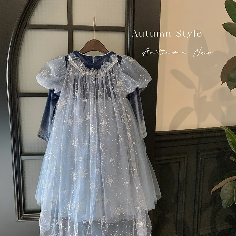 Girl Princess Dress 2024 Autumn Children\'s Girl Birthday Dress Blue Sweet Cute Dress Girls Clothes