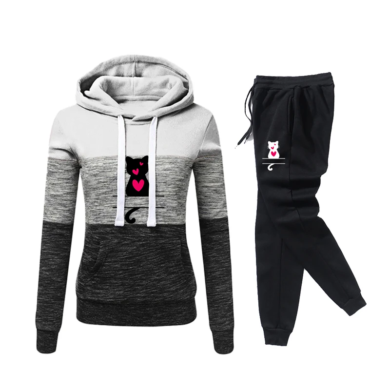 2025 Hot Sale Women\'s Autumn Tracksuit Hoodies and Sweatpants Lovely Cat Printed Sportswear Ladies Daily Casual Fashion Outfits