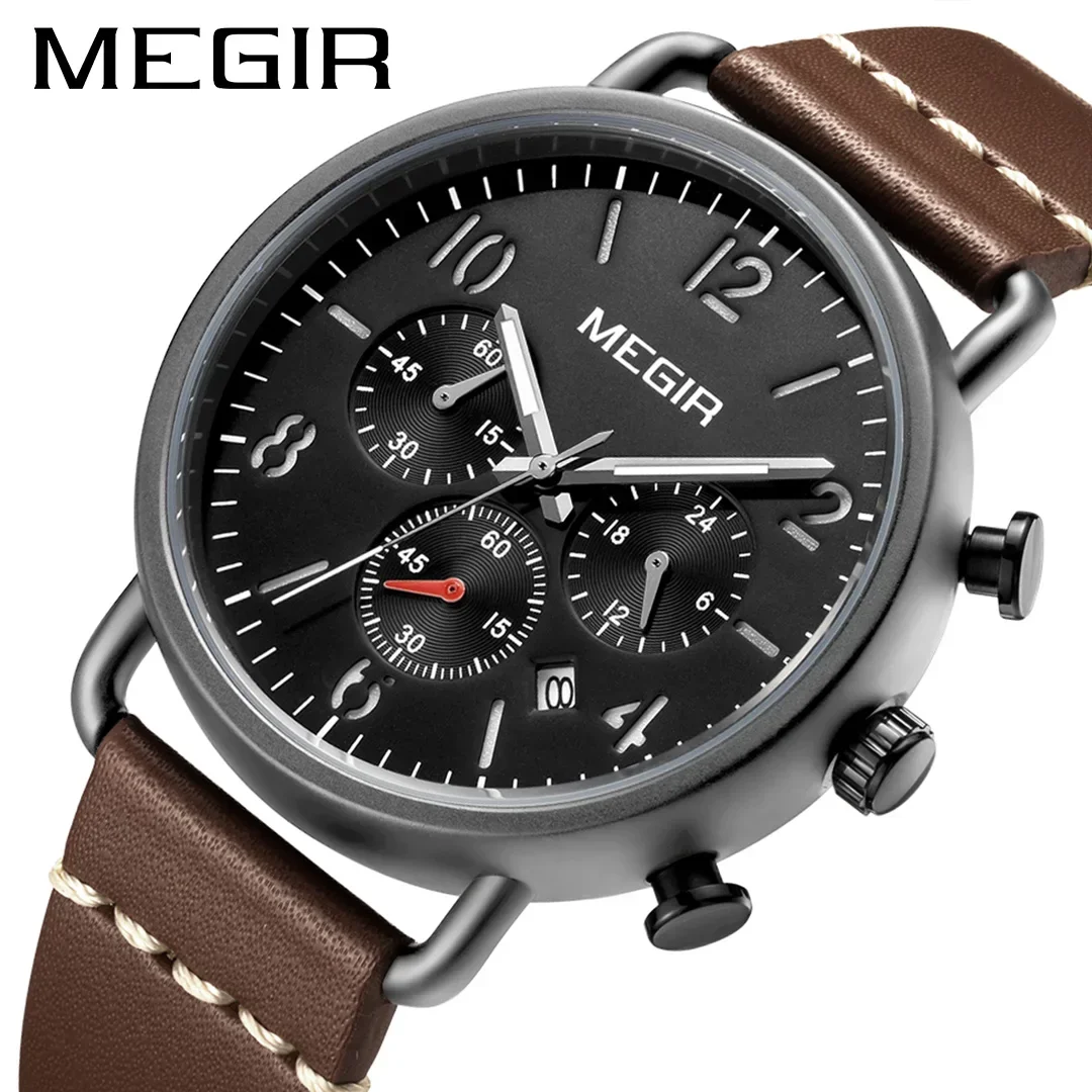 

MEGIR Genuine Leather Watch Men Waterproof Chronograph Military Army Male Clock Top Brand Luxury Original Sport Wristwatch 2158