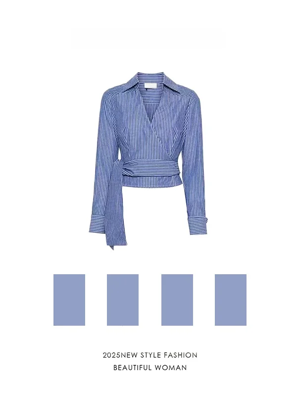 

Элегантная синяя женская блузка с V-образным вырезом, осень 2025, новинка, повседневная, для офиса, в холодных тонах, с эффектом высокого класса