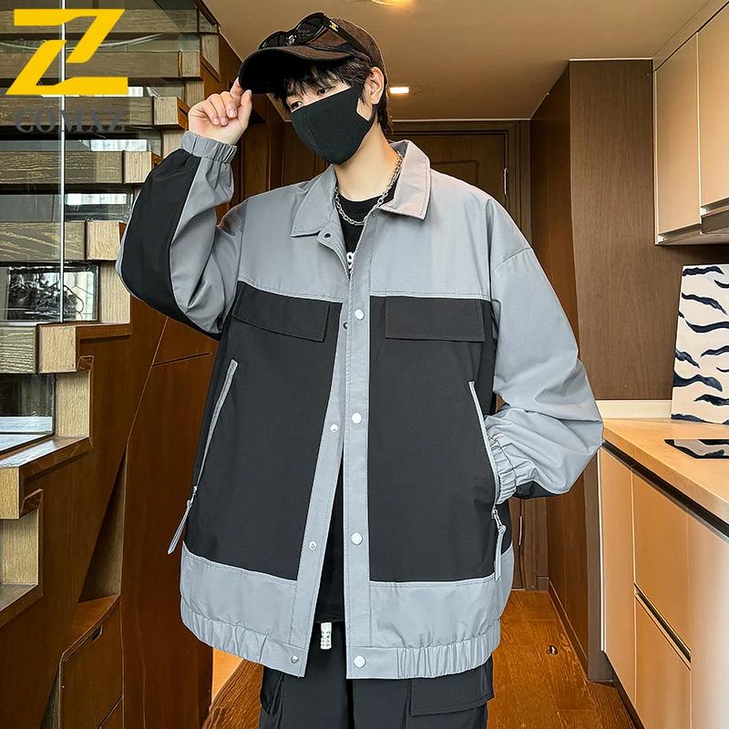 

Men Workwear Windbreaker Autumn American Style Casual Coat with Turndown Collar Outdoor Utility Waterproof Jacket Streetwear​
