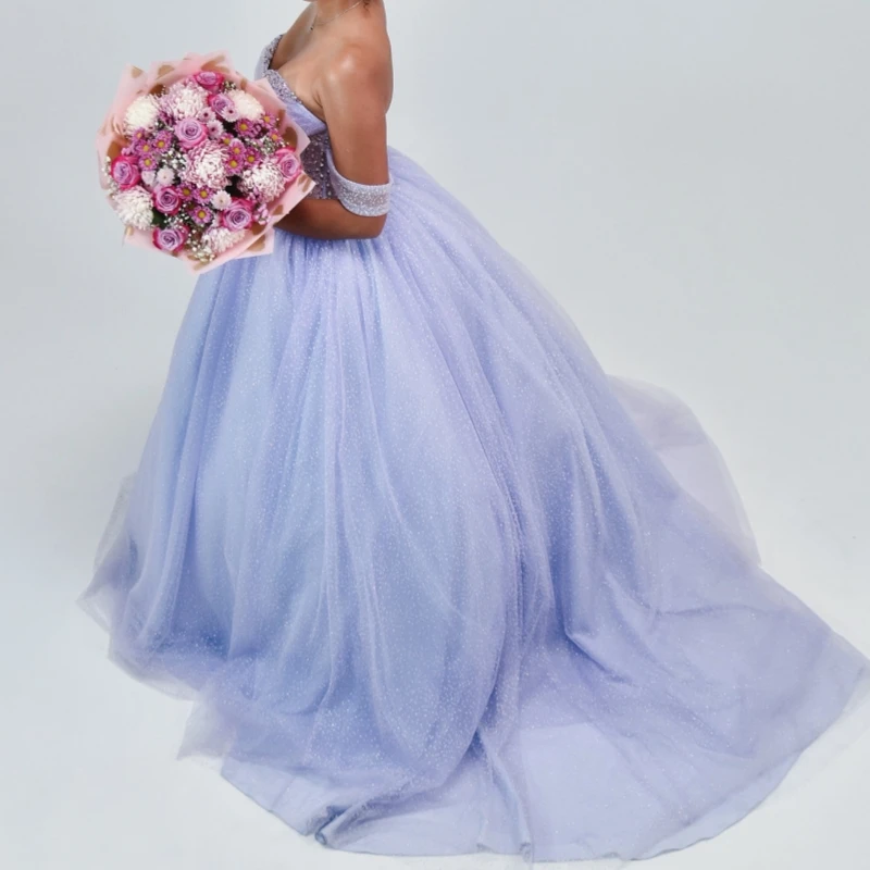 Blau glänzende Quinceanera-Kleider, Ballkleid, schulterfrei, mit Perlen verziert, Kristallkorsett, Tüll, Party, Geburtstag, süßes 16-Kleid, Vestidos 15