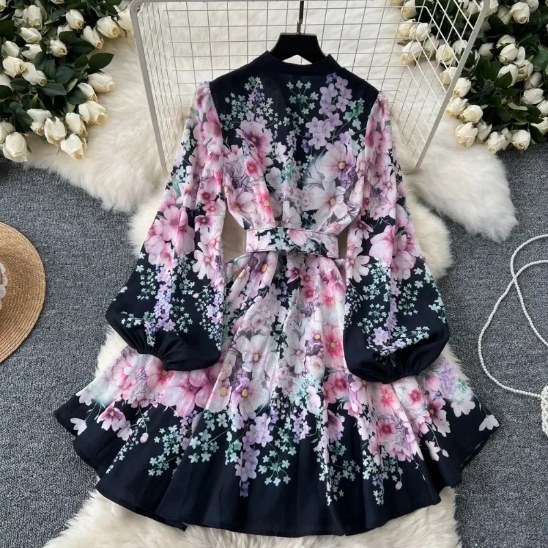 Opstaande Kraag Single Breasted Lantaarnmouw Casual Jurk Riem Slanke Taille Grote Schommel Gewaad Fris Bloemenprint Vintage Vestidos