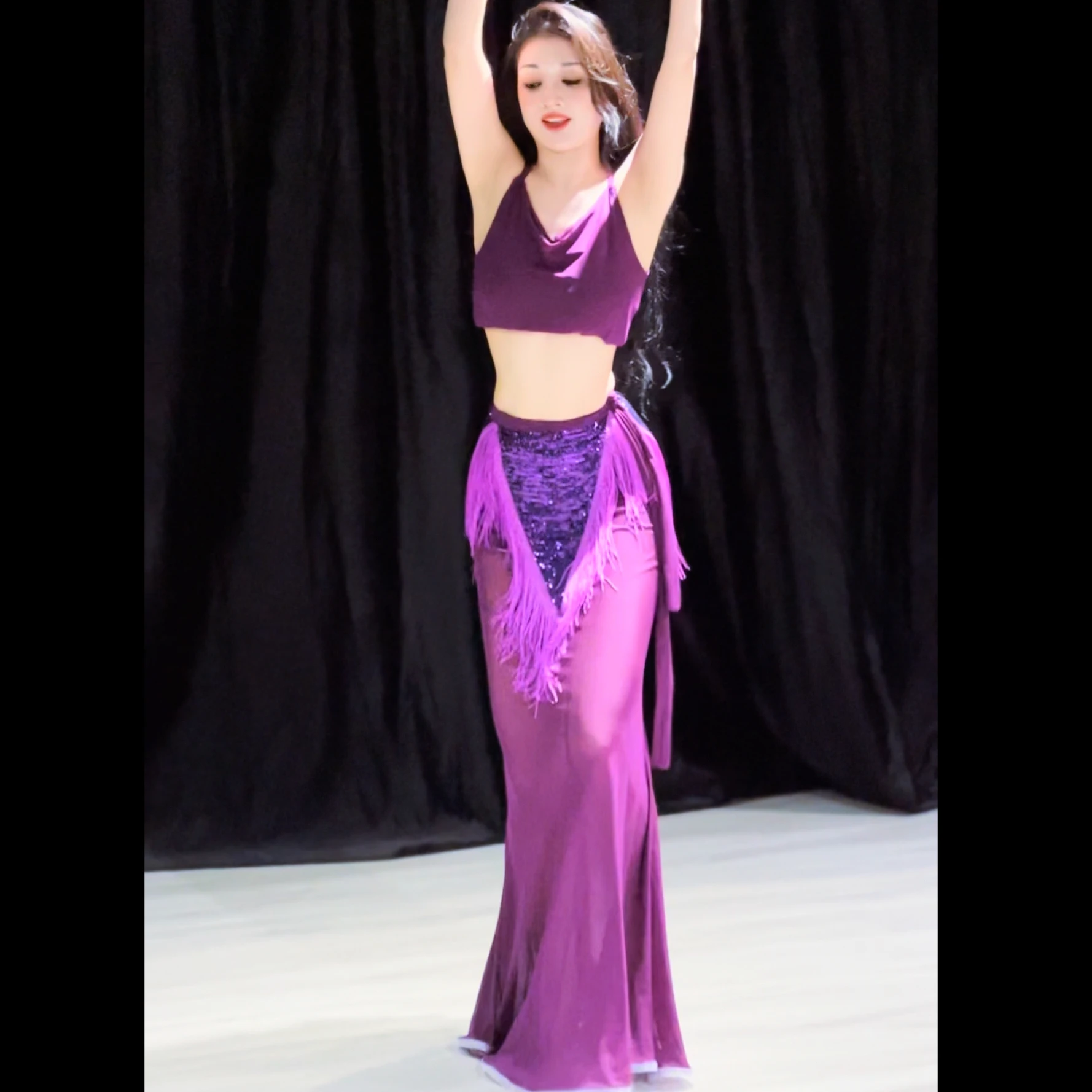 2025 Bauchtanz-Set für Damen, sexy Träger-Top + Fischschwanz-langer Rock + Quaste-Hüfttuch, 3-teilig, orientalische Bauchtanz-Wettbewerbskleidung