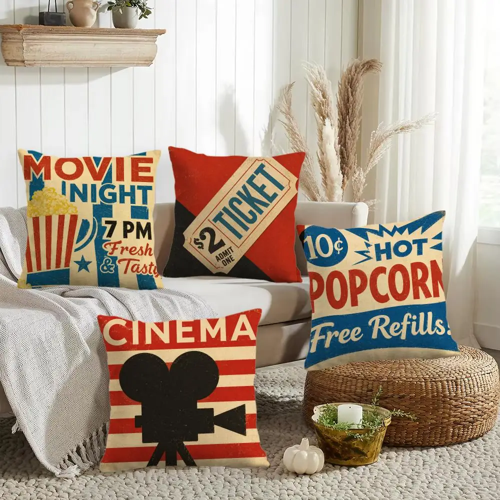 Vintage Cinema Night Cushion Cover Silky Short Plush Invisible Zipper Dustproof Sofa Pillow Case for Home Decor
