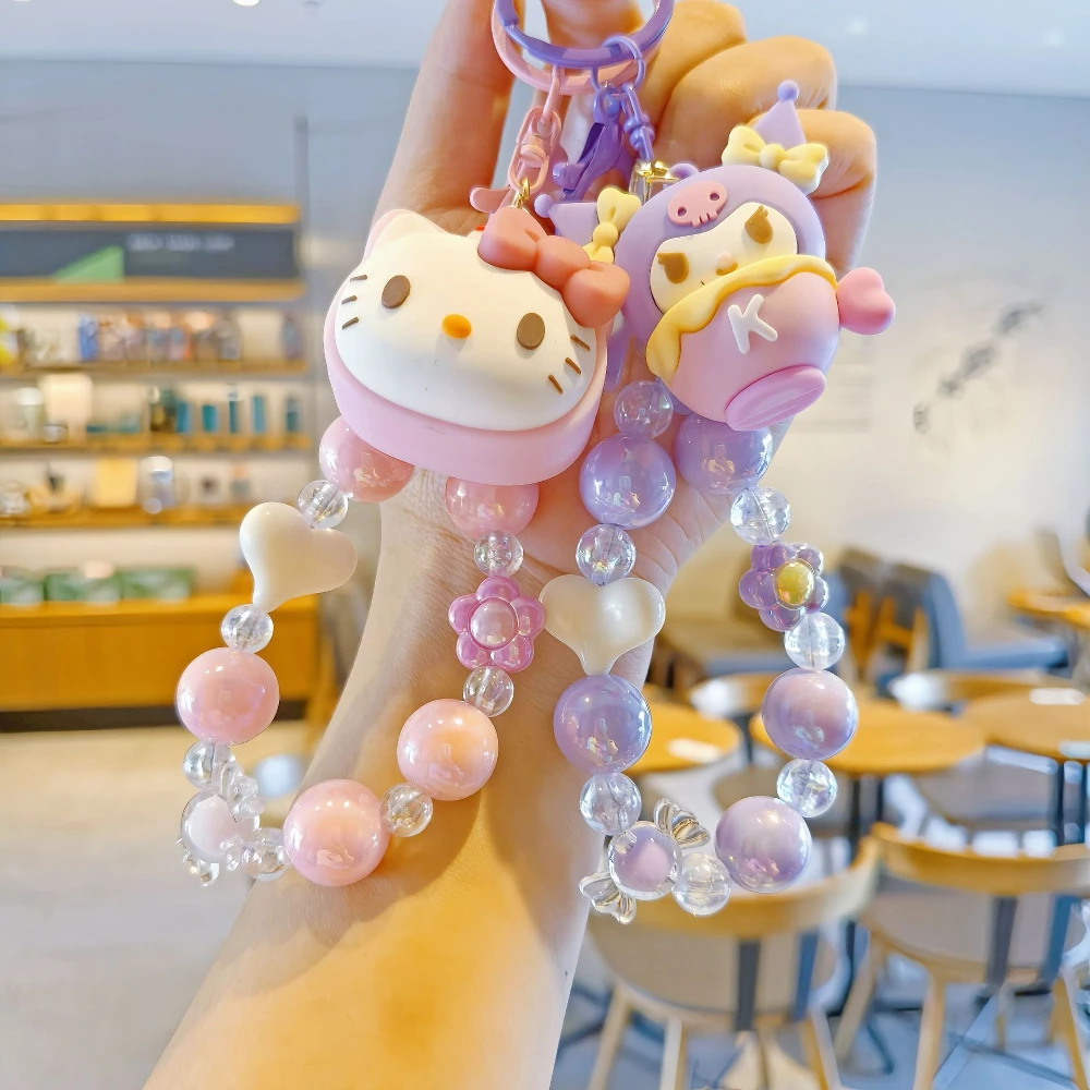 

Creative Hello Kitty anime doll beaded mobile phone chain, Kawaii Sanrio keychain, girl bag pendant, gift.