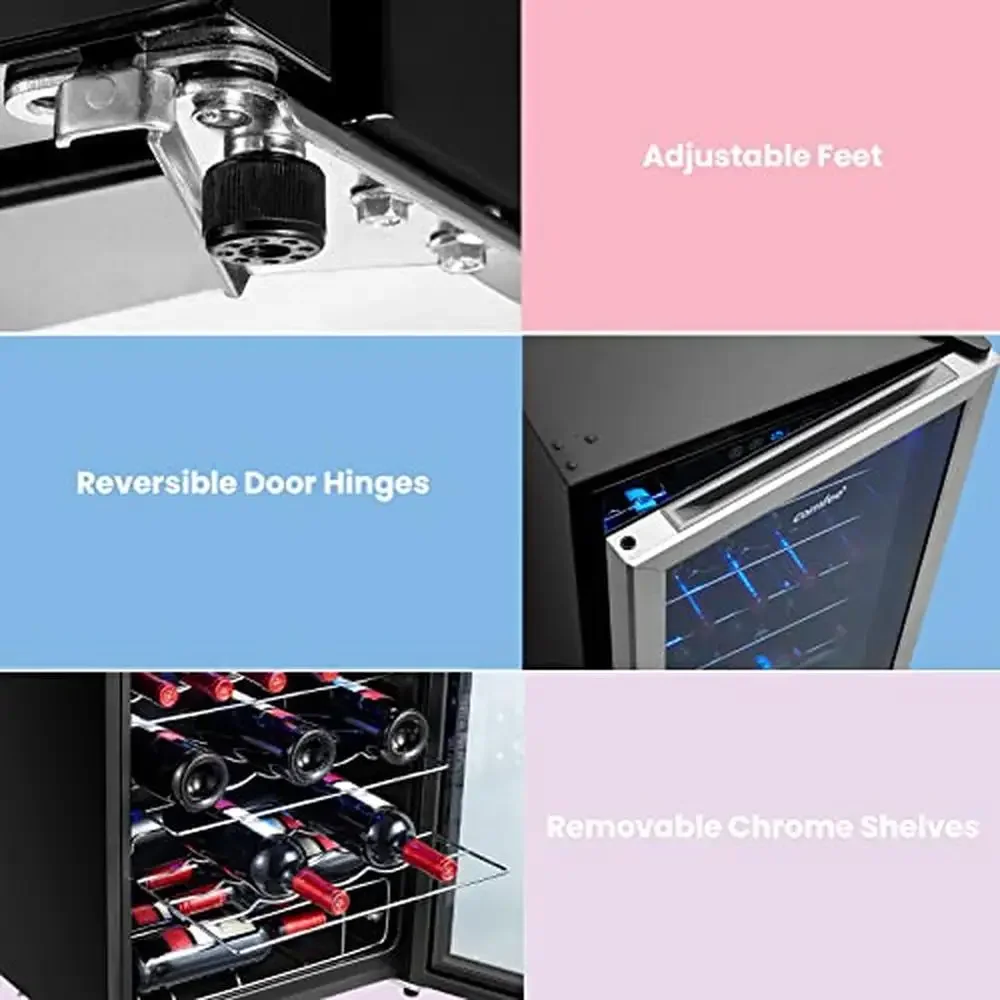 قبو النبيذ قائم بذاته 29 مبرد الزجاجة، باب زجاجي منخفض E، تشغيل من الفولاذ المقاوم للصدأ، تحكم صامت باللمس 41-64 ℉   مساحة إضاءة LED