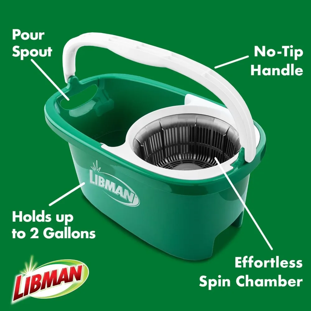 Libman Tornado Spin Mop System - Mop and Bucket with Wringer Set for Floor Cleaning - 2 Total Mop Heads Included, Green