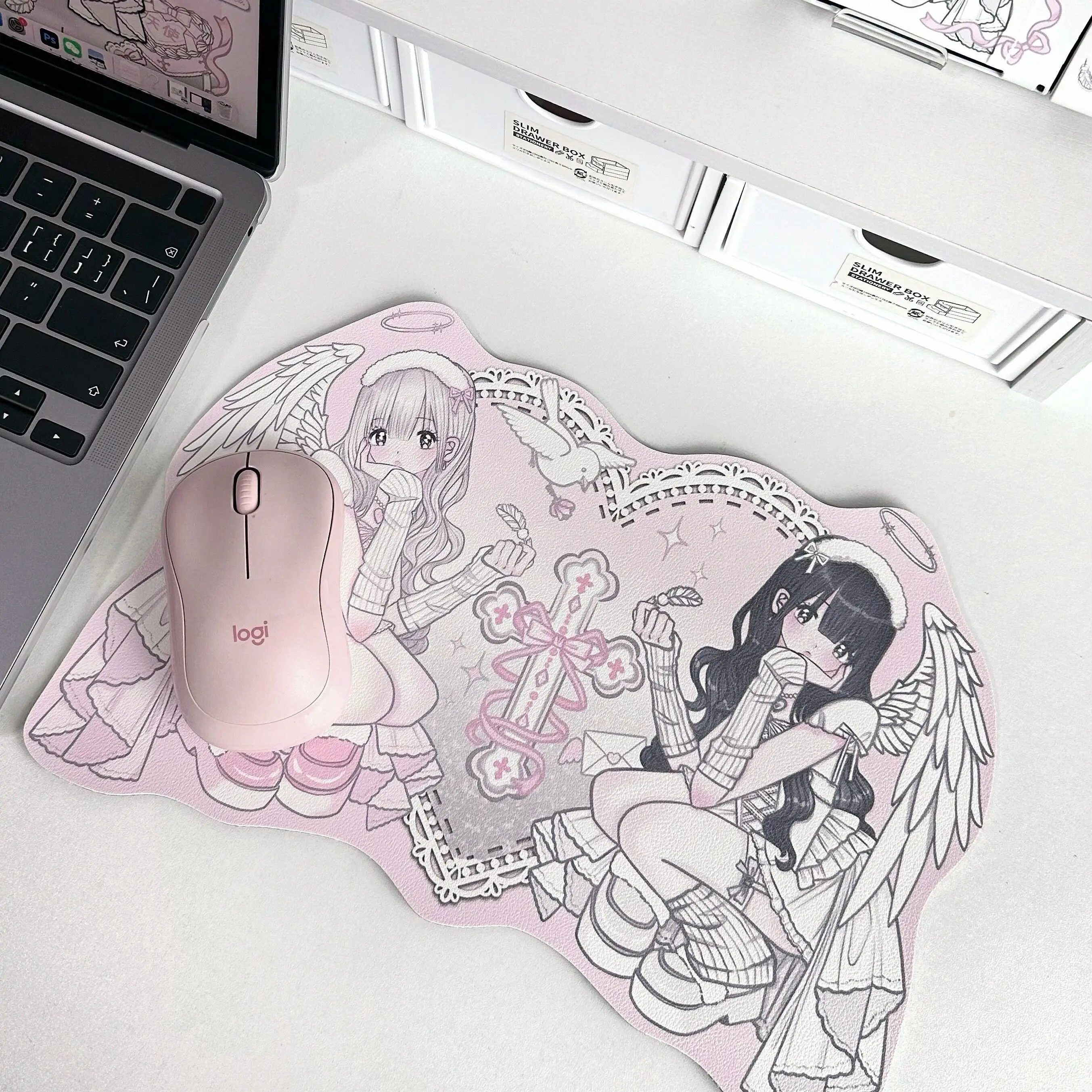 Irregular Mouse Pad Pink Angel Wings Kawaii Girl Leather Desk Pad Protector Y2K Mouse Pad Office Desk Mat PU Desk Blotter Pad
