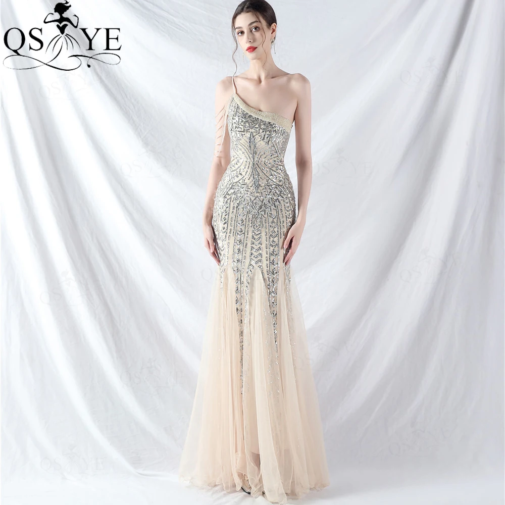 One Strap Silver Prom Dresses Mermaid Crystal Beaded Strings Pattern Sequin Lace Evening Dress Tulle Bottom Party Formal Gown