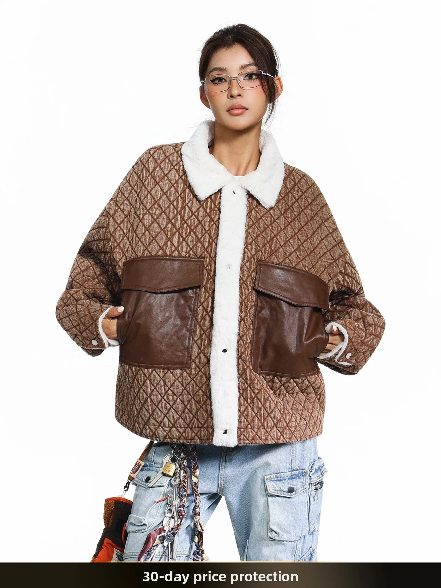 

Американская ретро-куртка с ромбовидным узором из хлопка и меховым воротником, теплая зимняя куртка из смесового полиэстера для молодежи, повседневная одежда