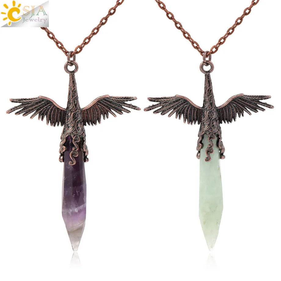 

CSJA Vintage Natural Stone Crystal Angel Wings Pendant Necklaces Energy Amethyst Rose Quartz Necklace Amulet Jewelry Gift H844