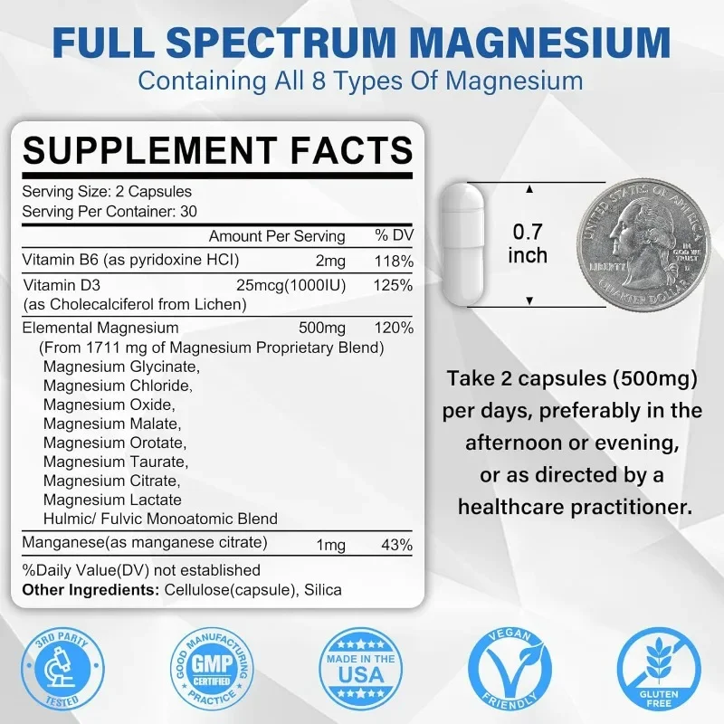 Magnesium compound supplement 500mg, maximizing absorption of 8 active forms - glycine, citric acid, taurine, and D3, B6