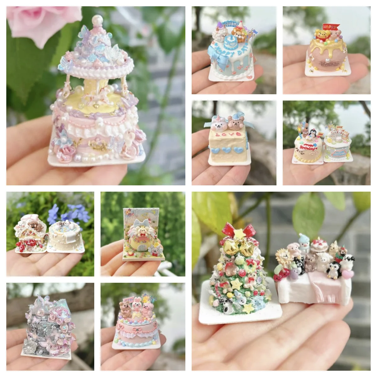 

Миниатюрный глиняный торт ручной работы, реалистичный кукольный домик, еда с медведем, кроликом, желанием в бассейне, винтажный рождественский торт для BJD, сказочный сад