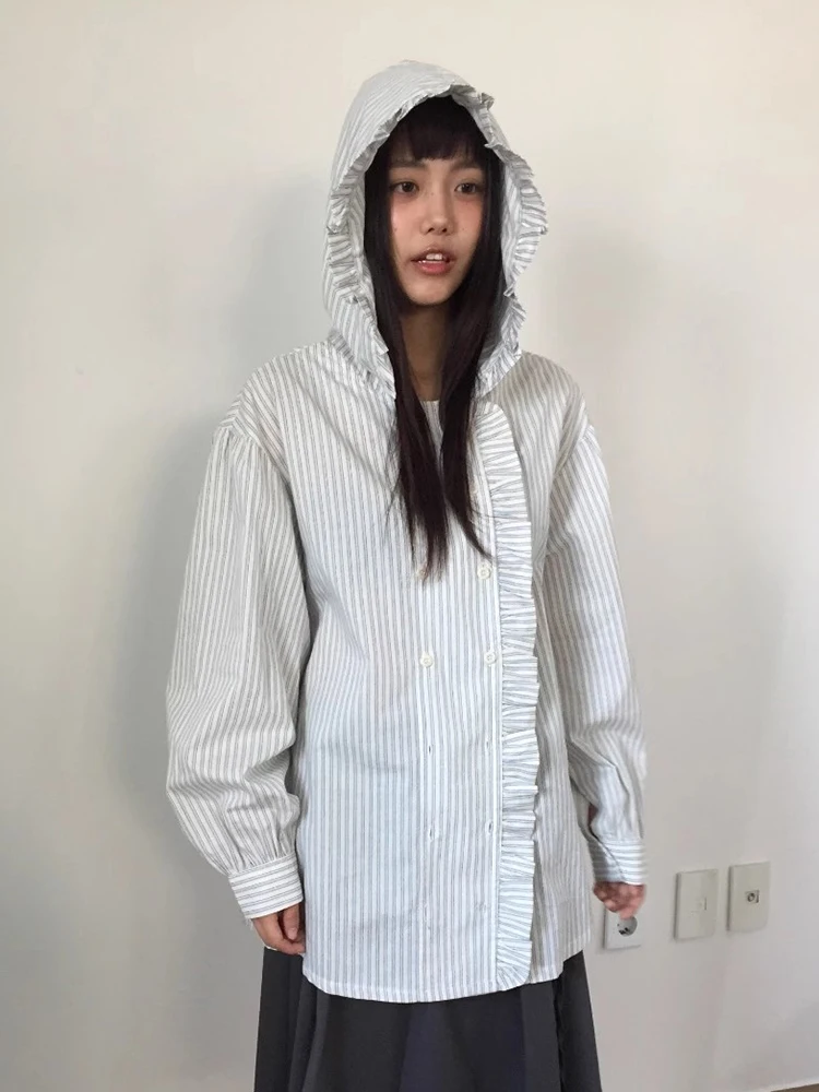 Loose Long Sve Striped irt with Hood for Women Spring New Sle Retro Ear Musoom Lace Casual Versatile Outerwear