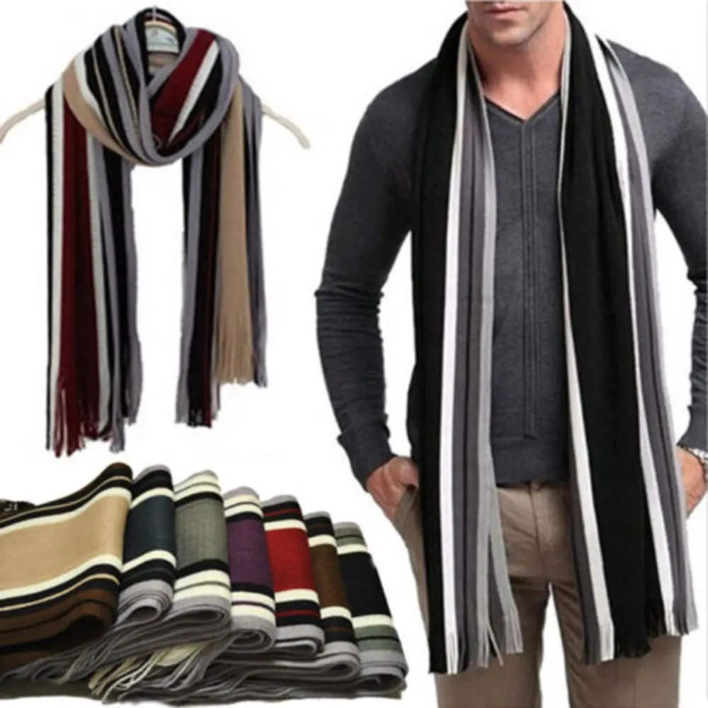 Bufanda informal de cachemira a rayas para hombre, cuello grueso, cálido, largo de invierno, estola con borlas, envoltura suave para el cuello