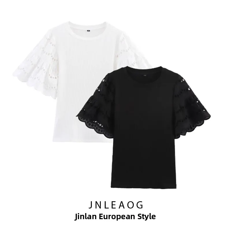 ZAB automne nouveau femmes Faion Design brodé Sve T-irt coupe droite ort Sve rond Ne couleur Pure trajet Sle