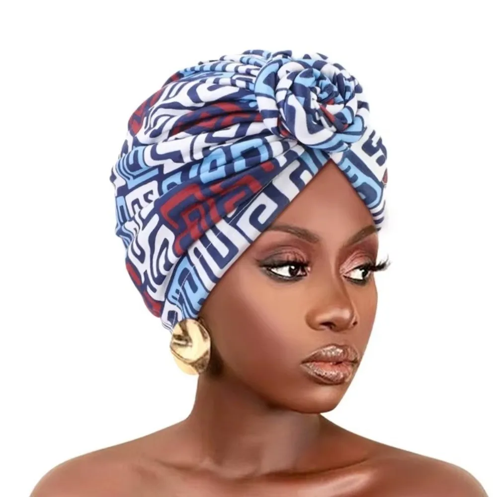 New Floral African Knot Turban Elastic Beanie Pre Tied Front Knot Head Wrap Women Chemo Cap Elegant Bandana Headwear