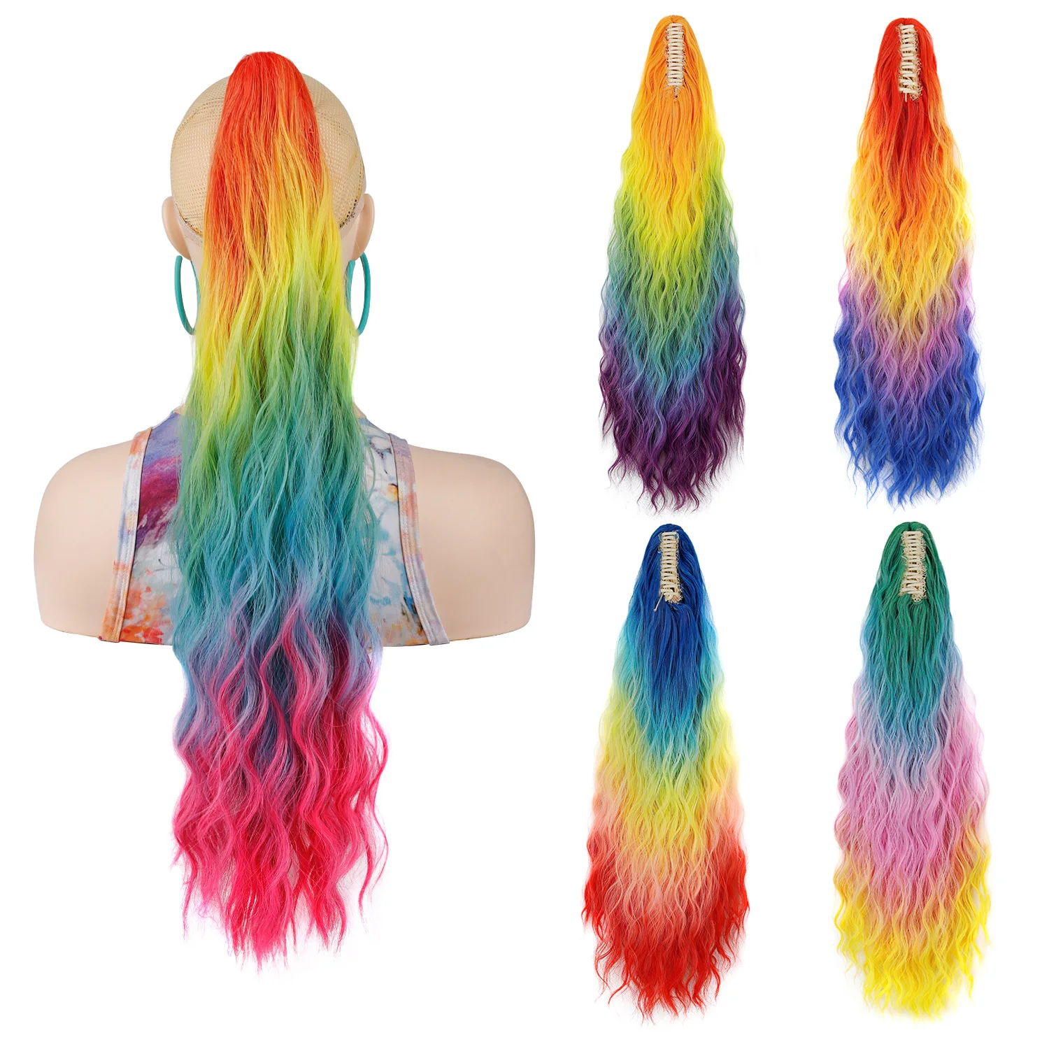 Synthetic Ombre Five Colors Claw Clip Curly Ponytail for Women Medium Length Wavy Hairpiece Cosplay Party Daily Hair Extension