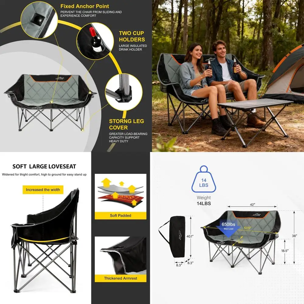

Double Duo Heavy-Duty Camping Chair with Cup Holder - Supports 650 lbs, Black