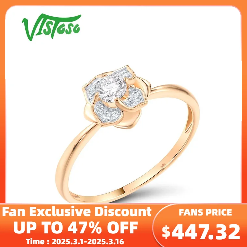 VISTOSO Authentic 14K 585 Rose Gold Ring For Women Sparkling Diamonds Elegant Flower Fantastic Daily Wear Gifts Fine Jewelry