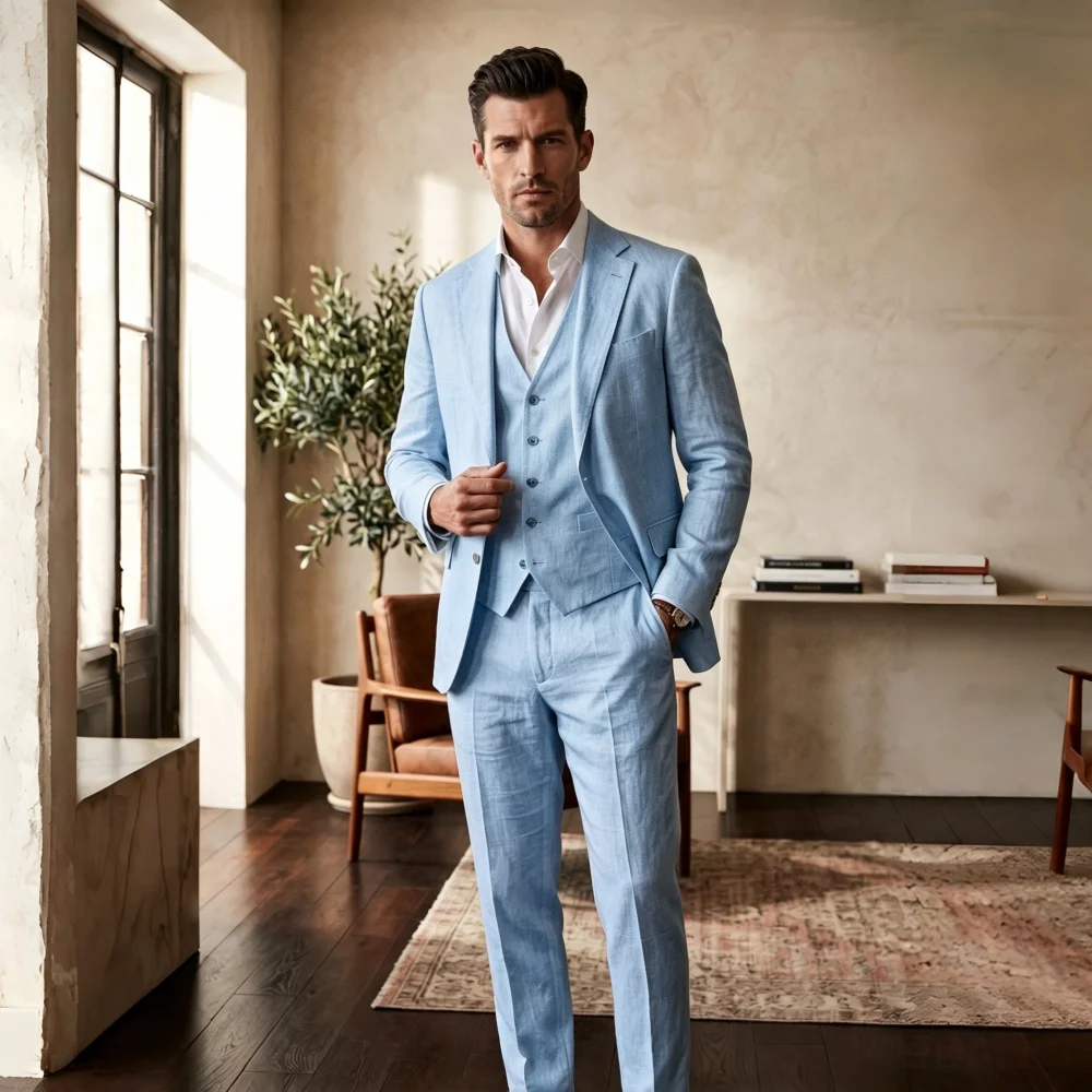 3 Pieces Linen Breathable Suit Separates Blazer with Vest Pant for Men Summer Beach Wedding Casual Party Suits for Men Suits