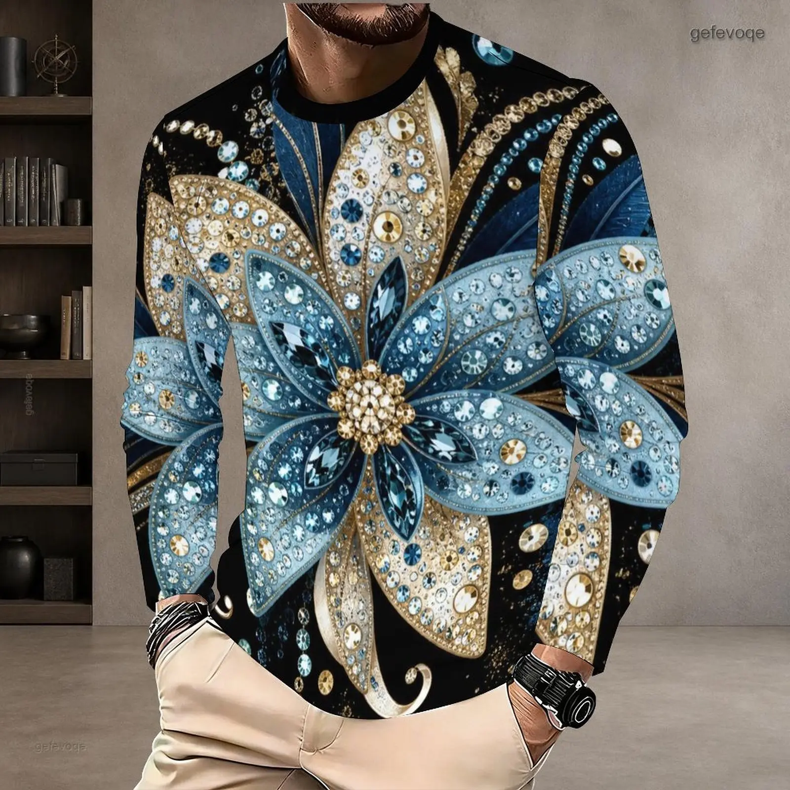 Men's Printed Long Sleeve Round Neck T-Shirt, Black With Metallic Floral Gem Motif Pullover Top