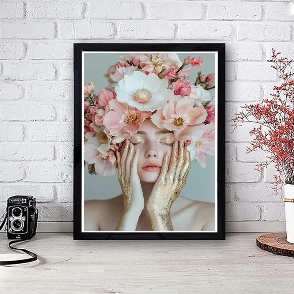 

Surrealing Girl with Flower Portrait, Diamond Painting Jewelry Cross Embroidery Set Girl Full Mosaic 5D Handmad DIY