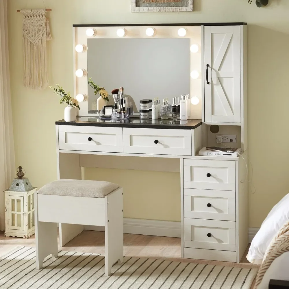 

Farmhouse Vanity Makeup Desk with Charging Station, 43" W Vanity Desk with Lights Mirror and Drawers for Makeup, Big Modern