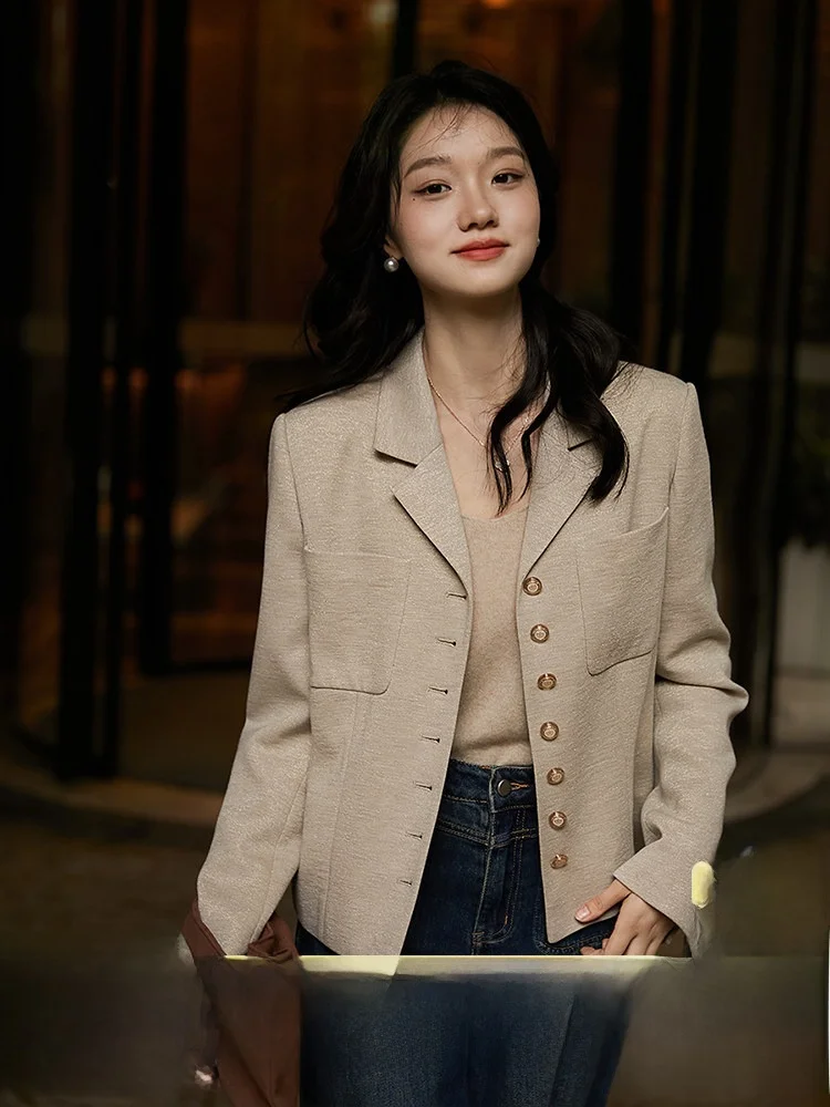 

Xhange ort Bright Woolen Suit Jaet Women's Waist-Cinching Commute Sle Long Sve Single Button Lapel Coat