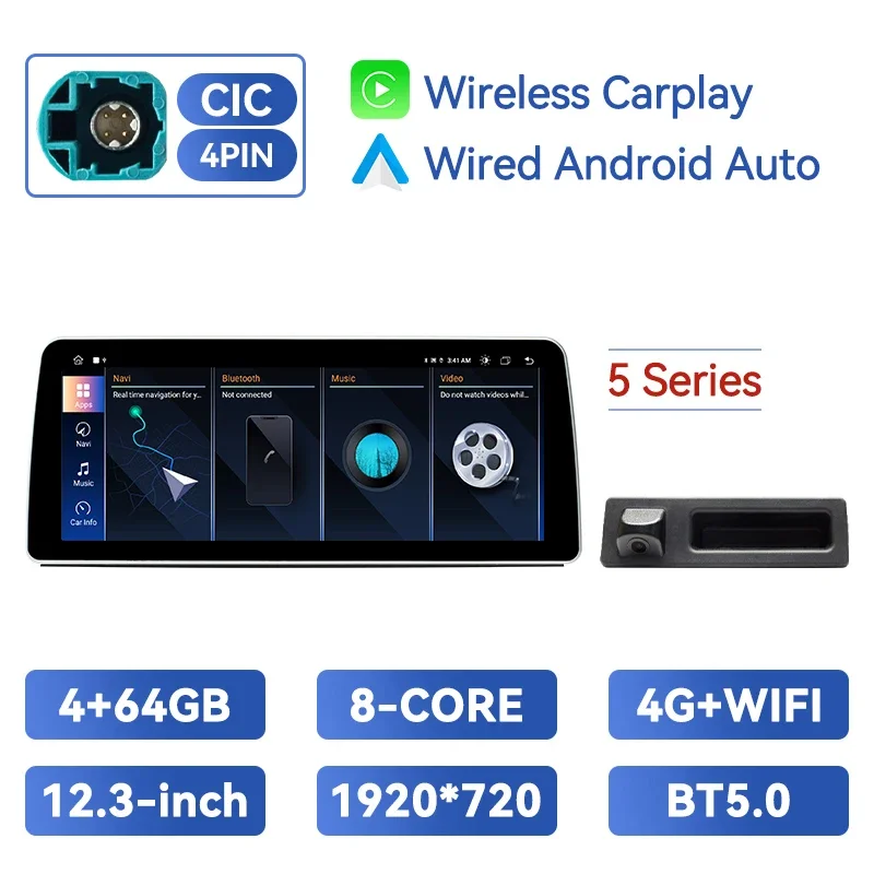 12.3Inch 1920*720P Draadloze Carplay Android Auto Auto Multimedia Speler Voor Bmw 3/5Series E60 E61 E90 E91 E92 E93 Ccc Monitor