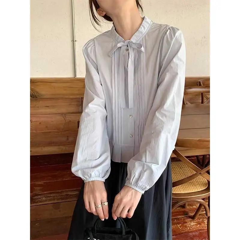 

Женская одежда: весенне-осенние модные повседневные рубашки с пуговицами, однотонные, с круглым вырезом, с длинным рукавом, в свежем молодежном стиле