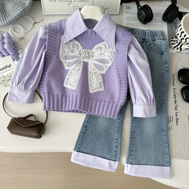 

Children's Set New Autumn Girls' Elegant Retro Bowknot Knitted Vest+Shirt+Denim Pants Three-Piece Set