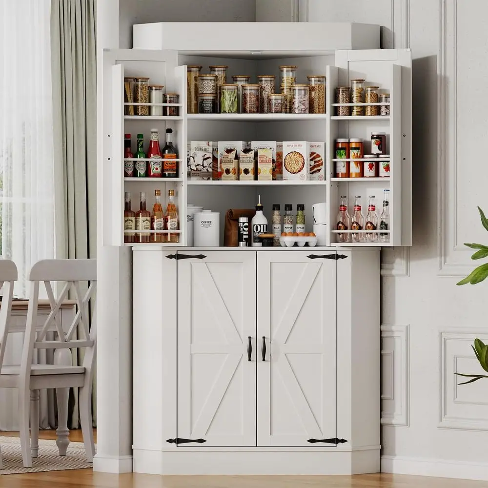 

Freestanding Kitchen Pantry Cabinet with 4 Doors and Shelves, Tall Storage Furniture with Side Rack for Kitchen and Dining Room