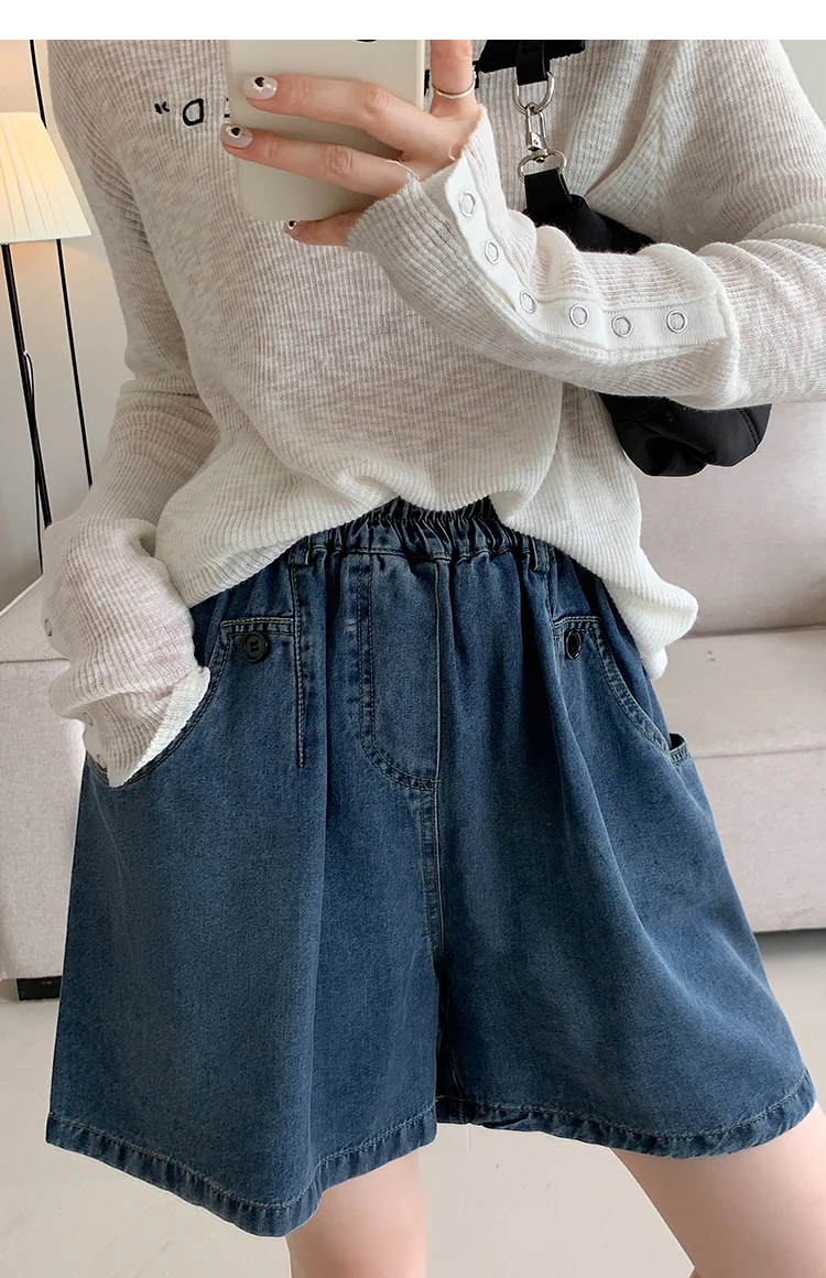 New 2025 Summer Plus Size Denim Shorts For Women High Elastic Wasit Wide Leg Loose Blue Jean Short Women Streetwear Half Jeans