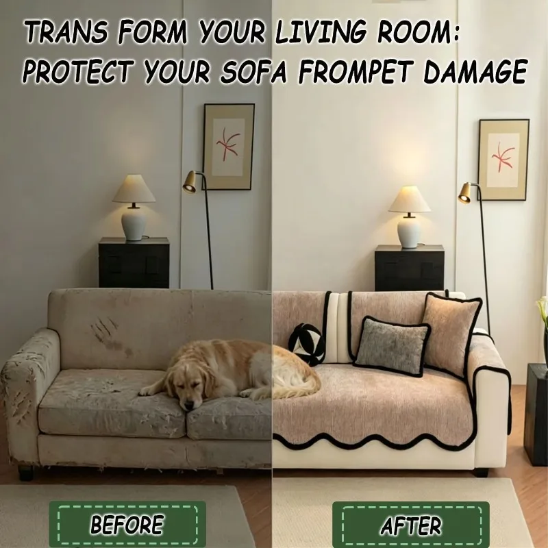 Wavy Edge Striped Chenille Sofa Cushion Cover, Anti-Scratch Wear Resistant Non-Slip Universal Couch Protector Pad Living Room