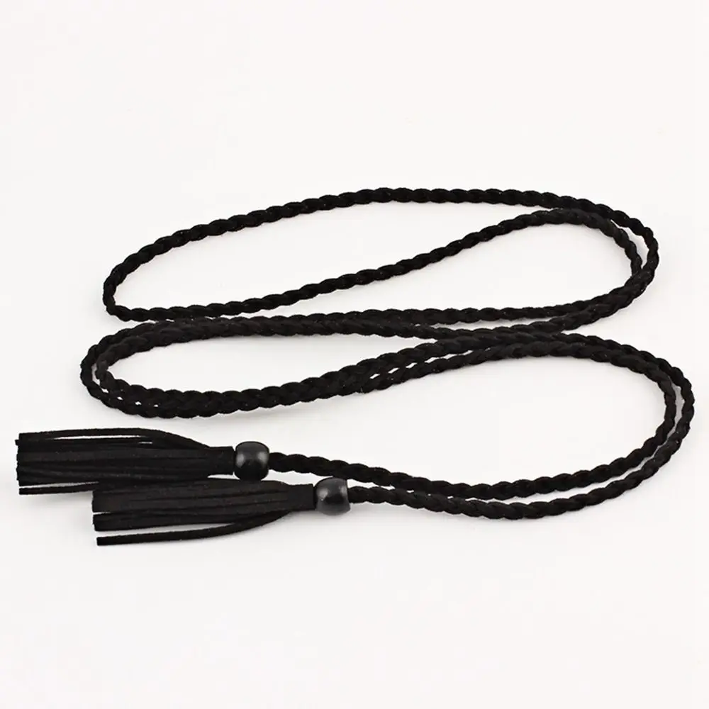 Vintage Simple DIY Bohemian Thin Belts Wooden Bead Women Waist Chain Ethnic Style Belts Waist Rope Braided Tassel Belt