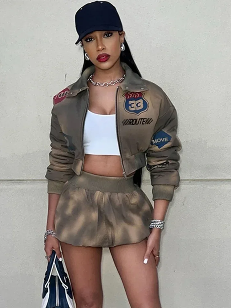 

2025 Tie-Dye 2 Piece Set Tracksuit Women Letter Print Zip Jacket+Waistband Puffy Skirt Matching Street Casual Vintage Suit