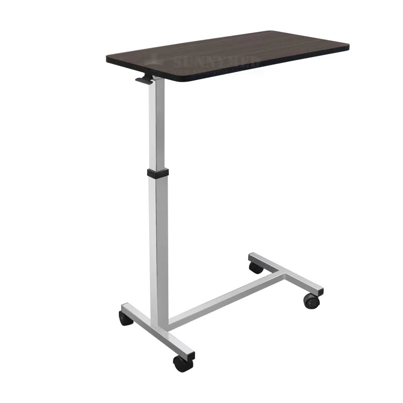 

SY-R083 Adjustable Hospital Dinner Table Medical Gas-Spring Folding Overbed Table With Wood and Wheels