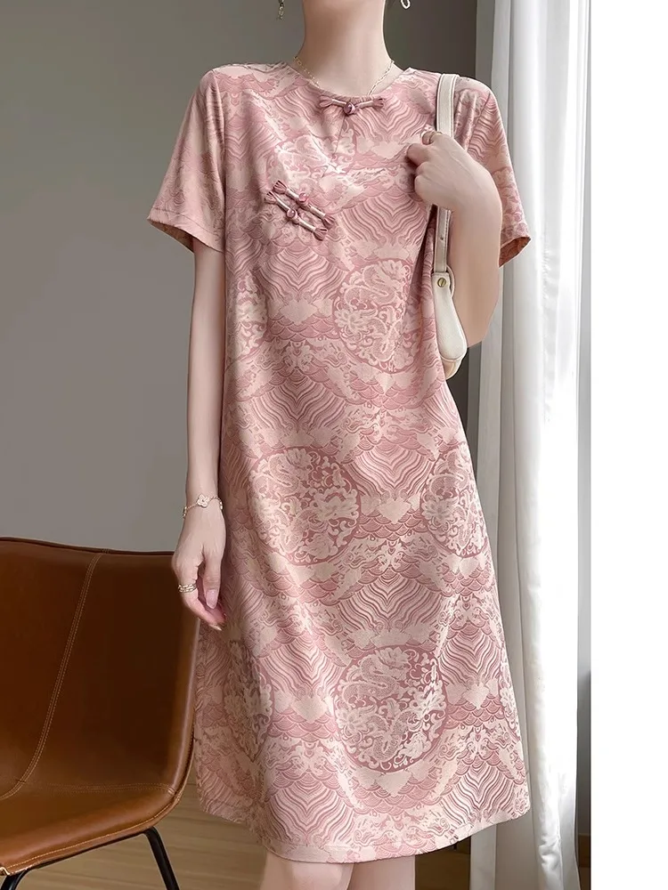 Nouveau chinois Sle rond Ne ort Sve Dr femmes coupe ample Vintage bouton acétate Satin jupe mince trajet imprimé Summe...