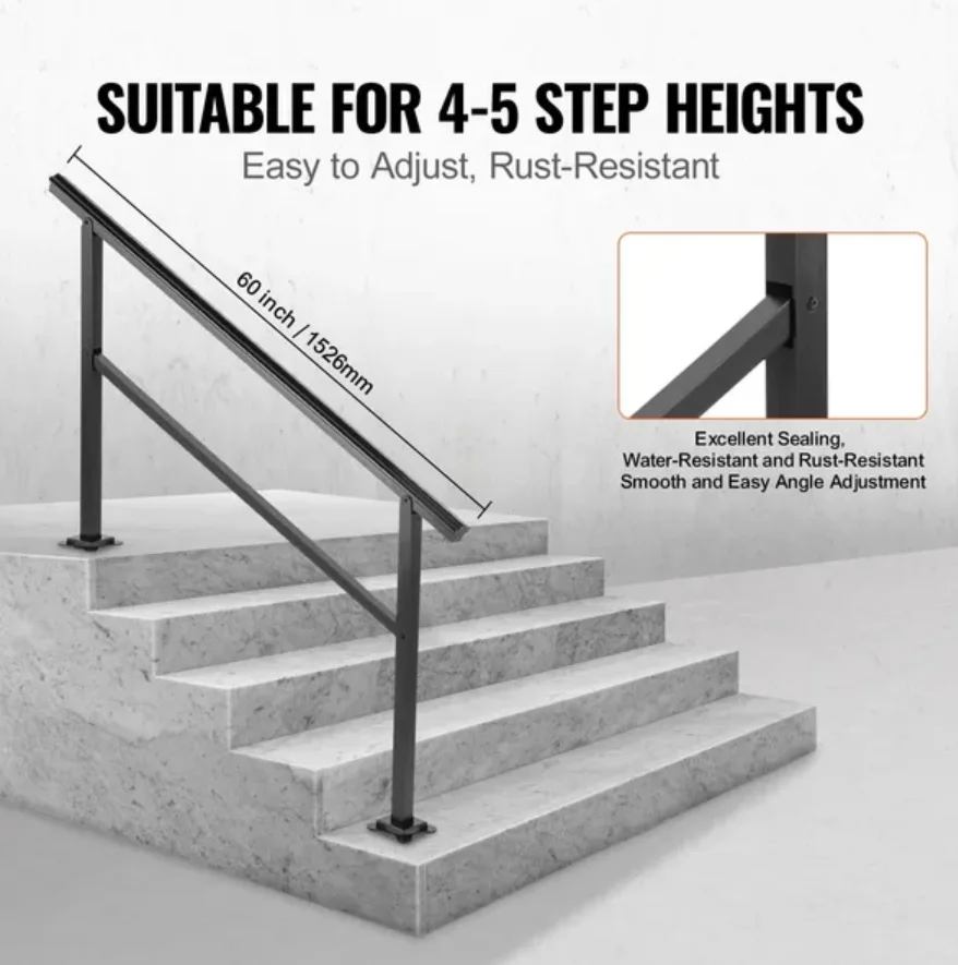 VEVOR Outdoor Handrail, 165LBS Load, Aluminum, 60x35", for 0-30° Staircases, Fits 4-5 Steps, Transitional Style, Includes Screw