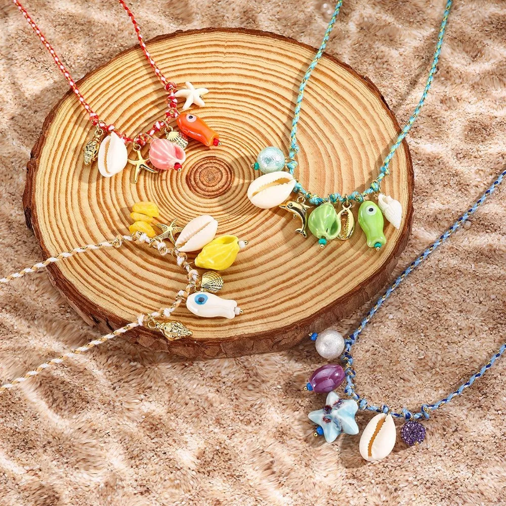 Bohemia Dopamine Shell Starfish Colored Rope Ceramic Pendant Necklace for Women Summer Beach Vacation Jewelry Gifts Accessories