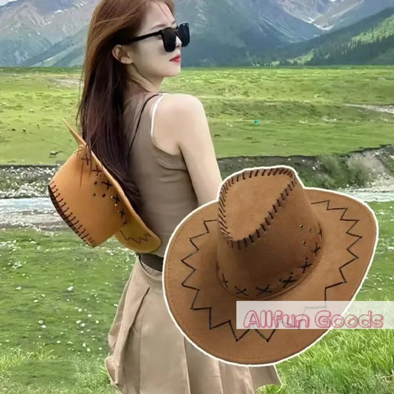[TG835]Women Men Cowboy Hat Western Suede Cowgirl Hats Fashion West Fancy Dress Party Headwear Unisex Cap Accessories