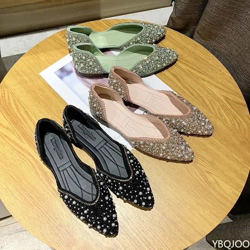 Novedad de verano, zapatos planos de mujer de fondo suave puntiagudos con boca poco profunda Retro verde, cómodos zapatos de Ballet huecos de Color sólido para mujer