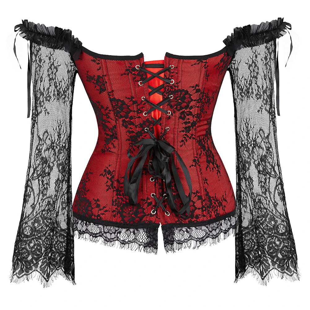 Red Black Corset Bustier Top Lingerie Women with Lace Long Sleeves Plus Size Floral Sexy Costumes Burlesque