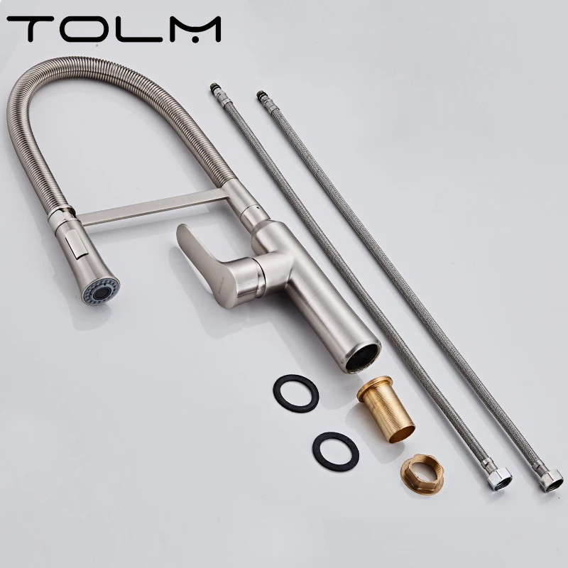 TOLM Chrome Kitchen Faucets With Pull Out Sprayer Matte Black Kitchen Sink Water Tap With Deck Plate Single Hole Single Handle