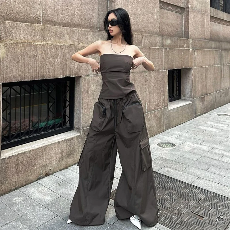 High Street Trendy Cool Hot Girl Tube Top Casual Pants Two-Piece Set Women's Slimming Loose-Fitting Wide-Leg Trousers Suit