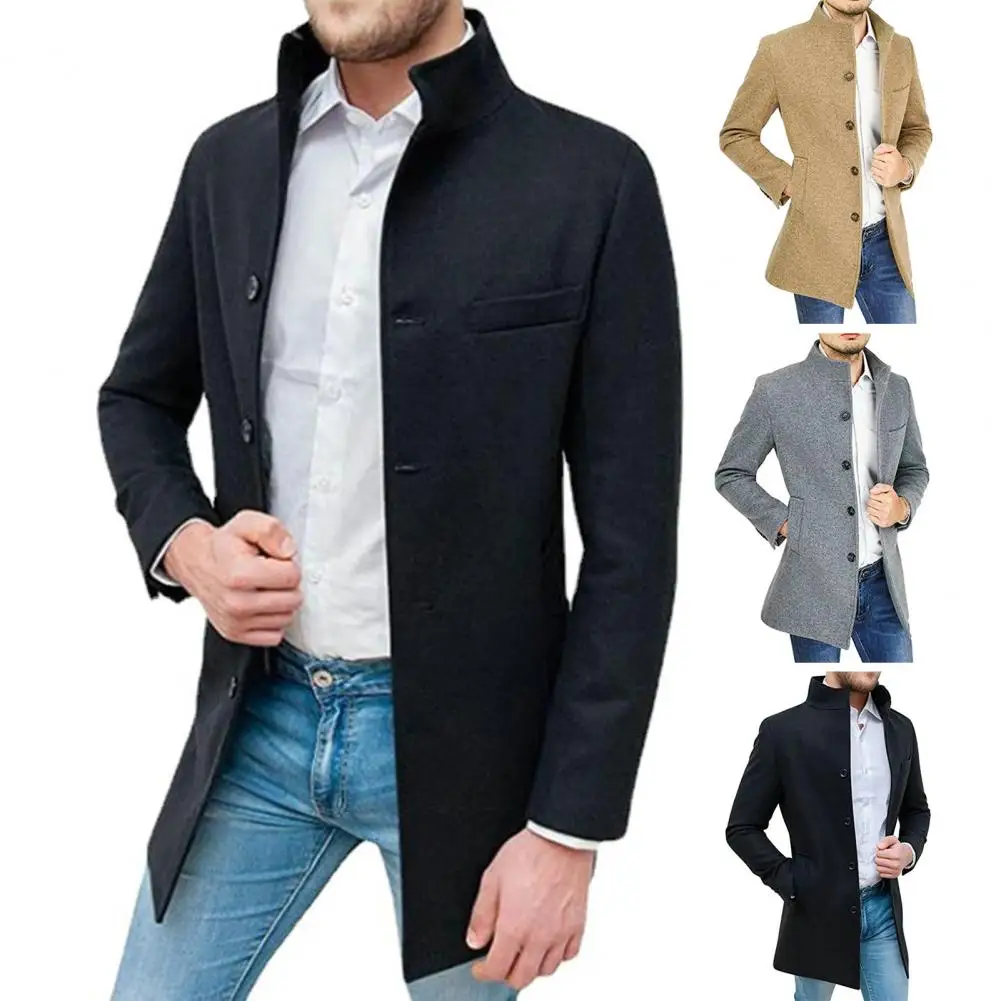 

Wool Coat Windproof Coat Men's Stand Collar Mid Length Trench Coat Jacket with Single-breasted Pockets Slim Fit for Fall Winter