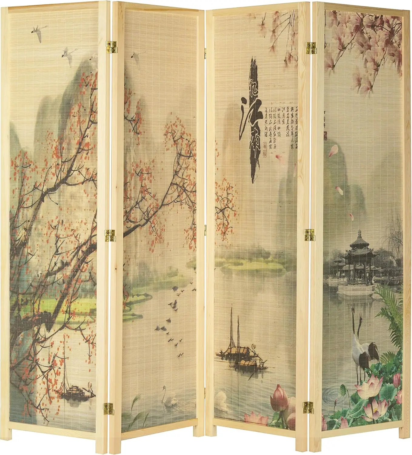 6-Foot Folding Bamboo Room Divider with Cherry Blossom Art, Beige Wood Frame for Privacy and Decor